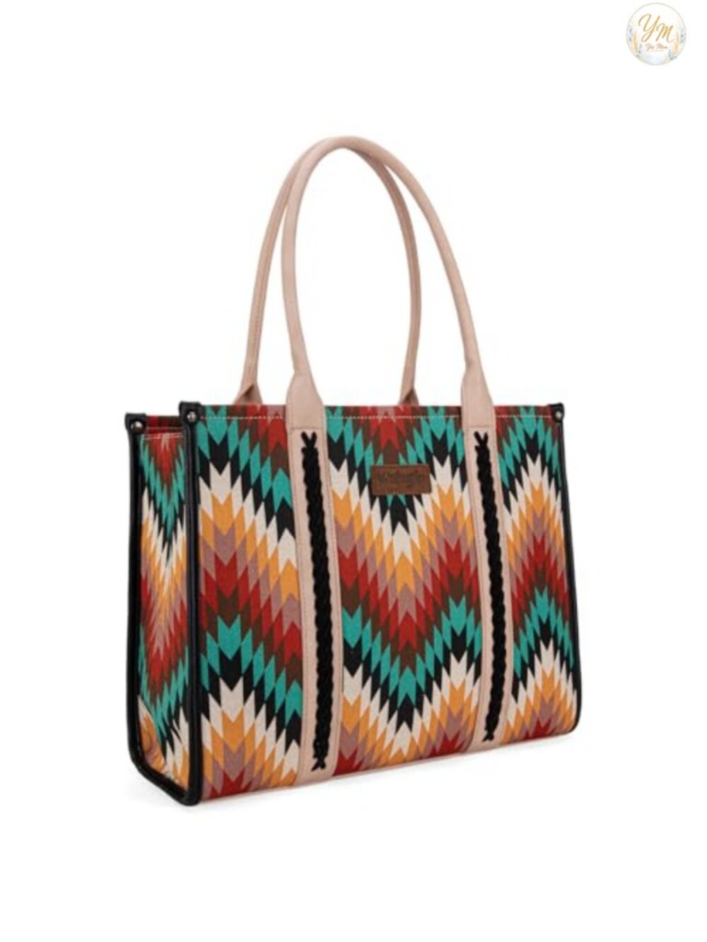 Canvas Leather Western Structured Tote Bag with Laptop Compartment